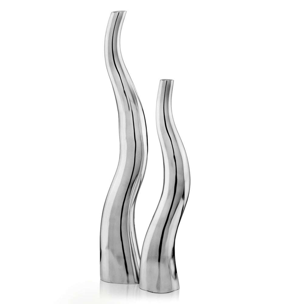 Silver aluminum squiggly vase pair showing buffed shiny finish and unique wavy form, 32 inch modern home decor