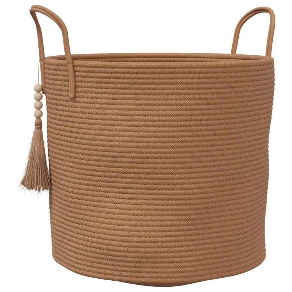 Medium brown cotton basket showing circular shape and woven fabric texture, perfect for living room and bedroom storage