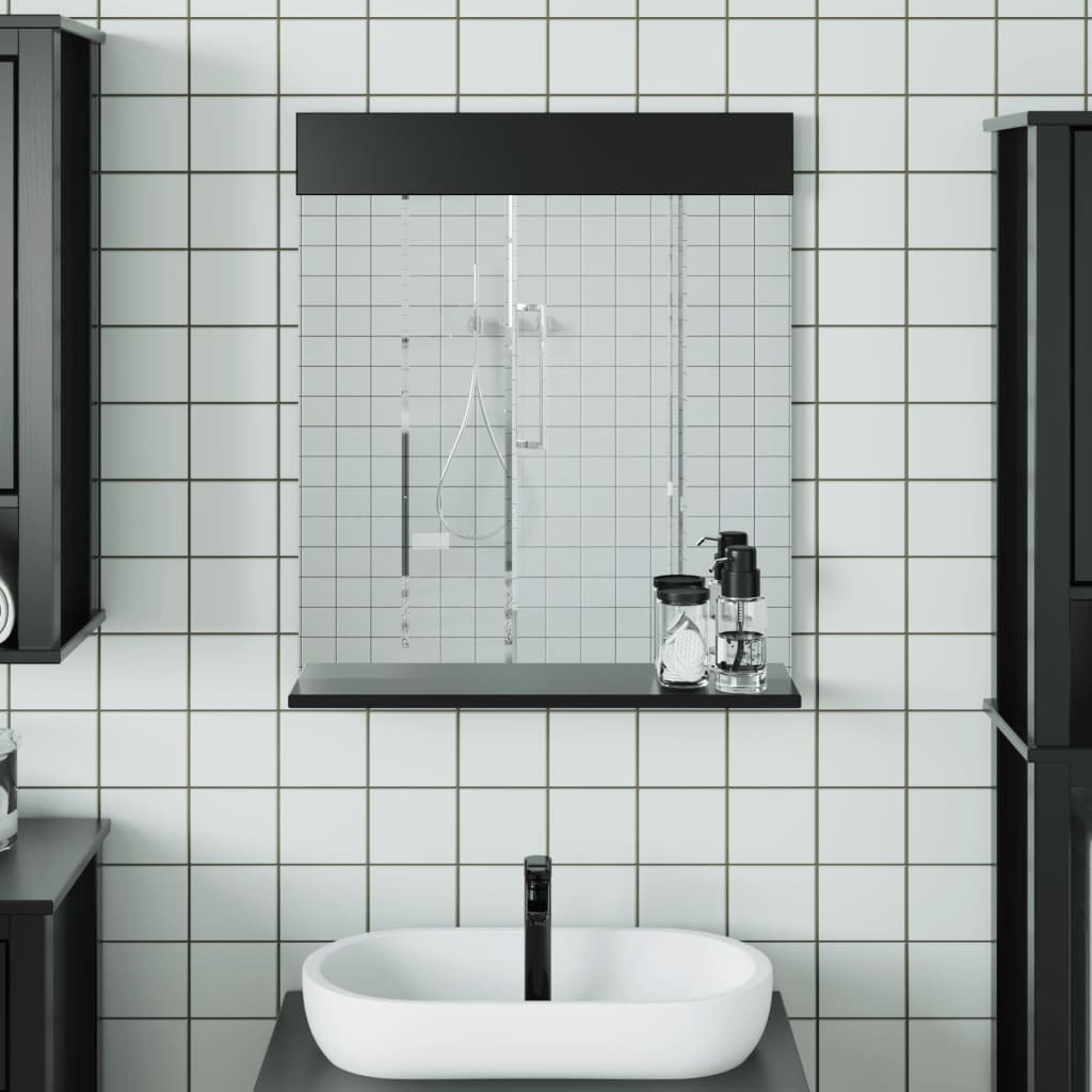 23.6x27.6 inch black bathroom mirror with shelf, solid pine wood wall-mounted modern storage for vanity