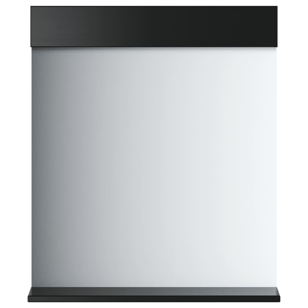 Black matte finish bathroom mirror showing built-in shelf for toiletries and grooming essentials storage
