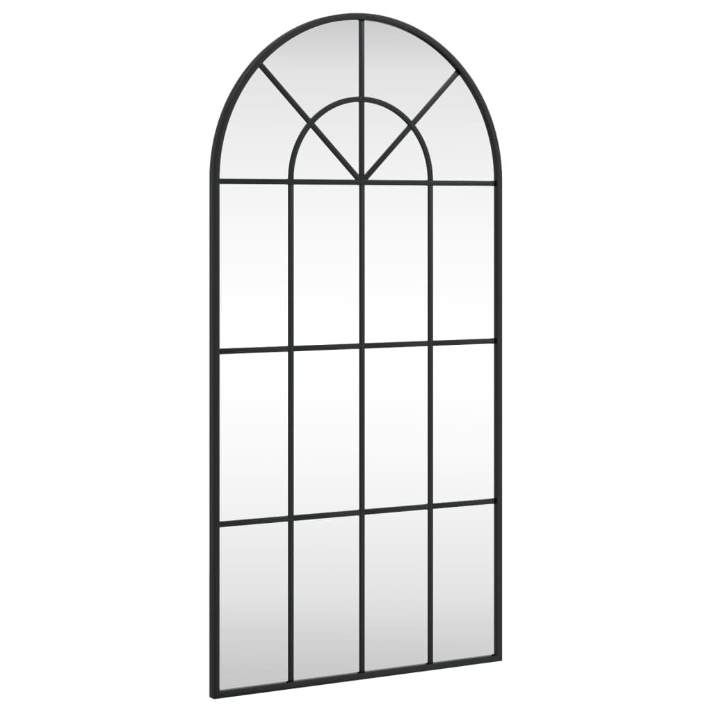Close-up of black powder-coated iron frame on arched mirror showing sleek minimalist design and durable rust-resistant finish