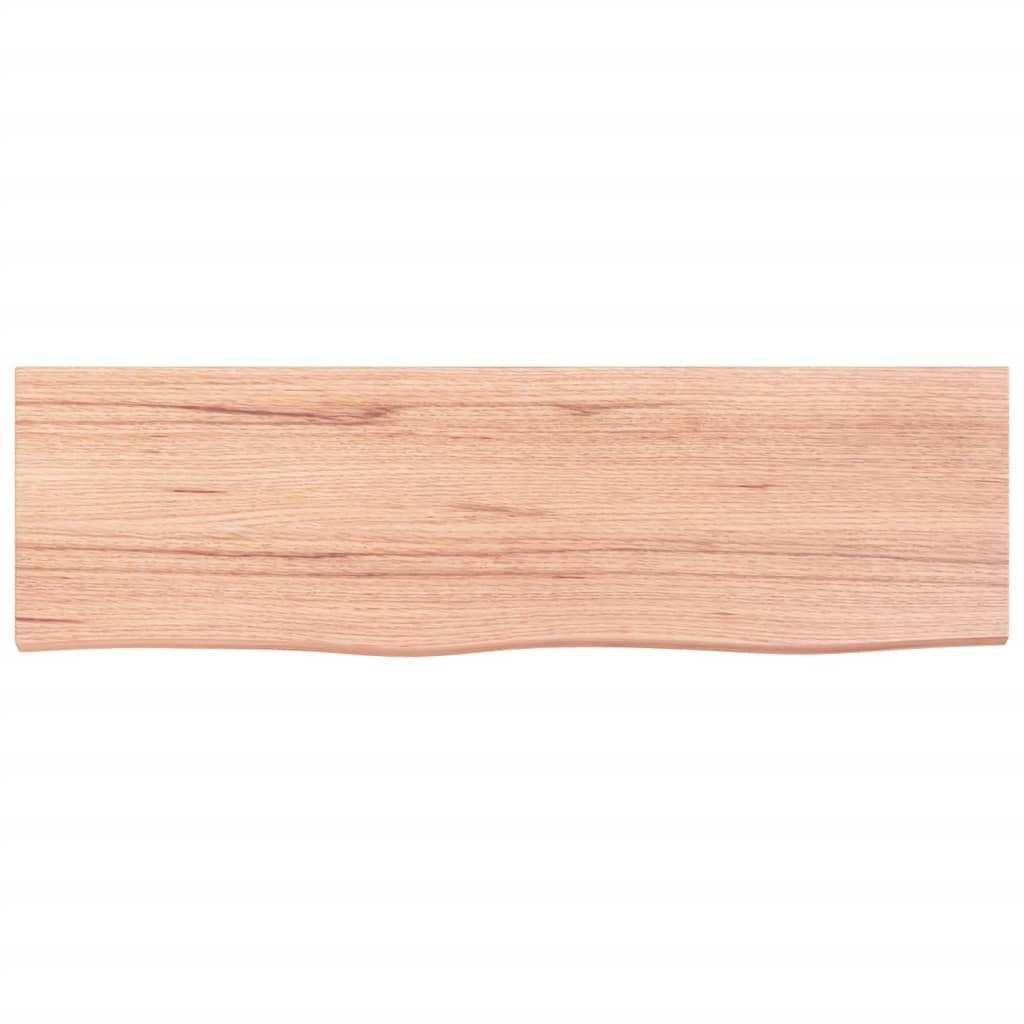 Side view of rectangular oak shelf showing wood thickness and mounting system
