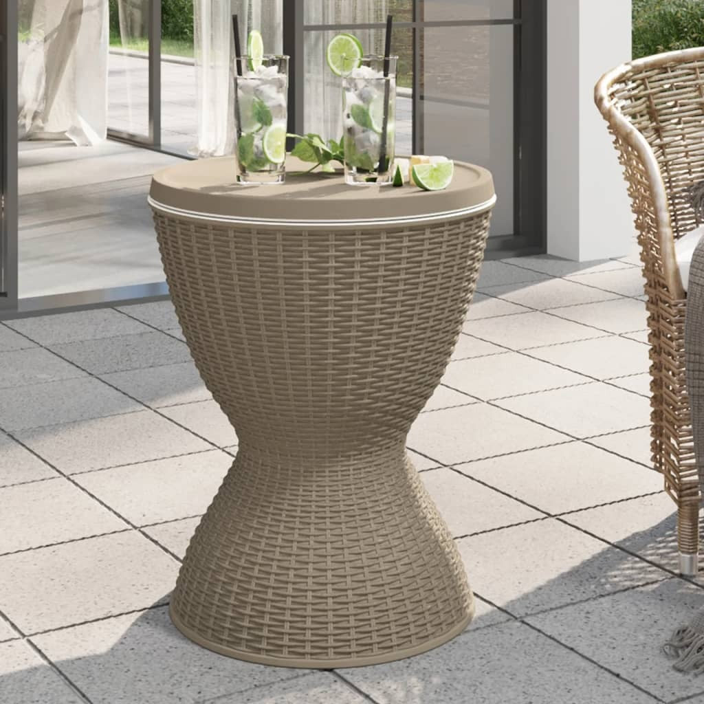 Side view of portable outdoor cooler table showing compact design and handles
