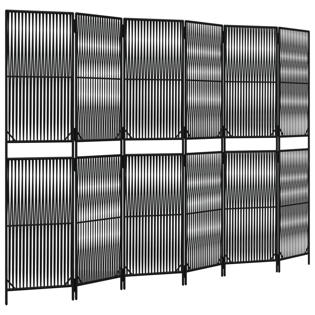 Close-up view of black poly rattan panels showing line weaving pattern and steel frame construction