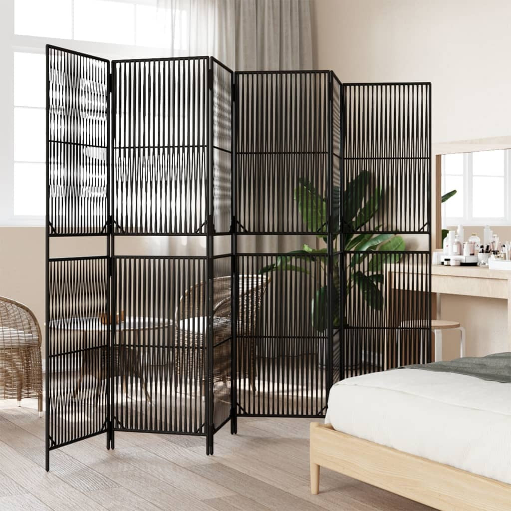 6-panel room divider folded showing compact storage design and galvanized hinges