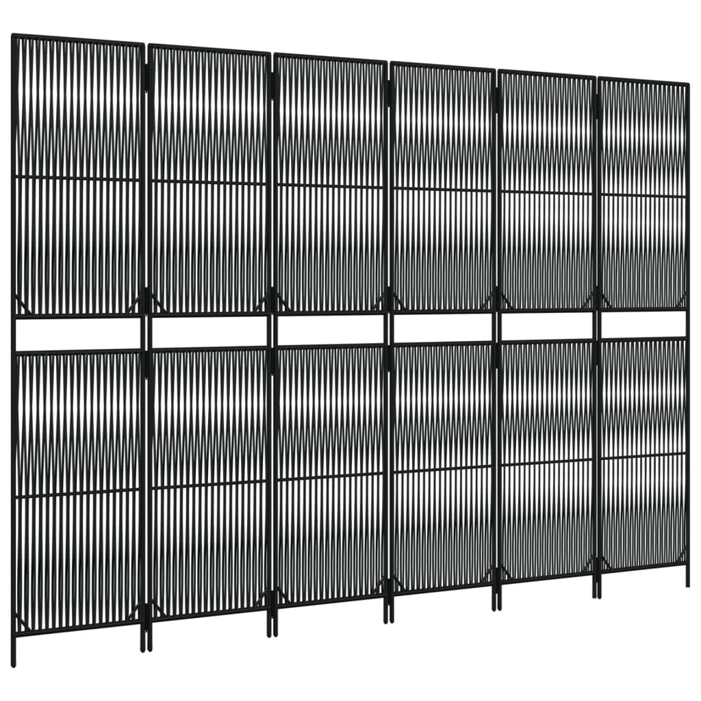 Black poly rattan room divider panels arranged showing 19.3x78.7 inch dimensions per panel