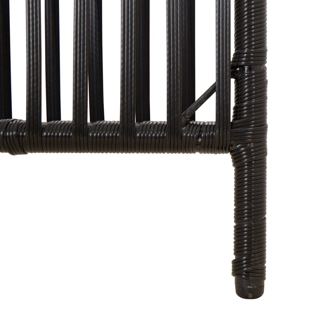 Black poly rattan room divider assembly parts showing steel frame components and hinges