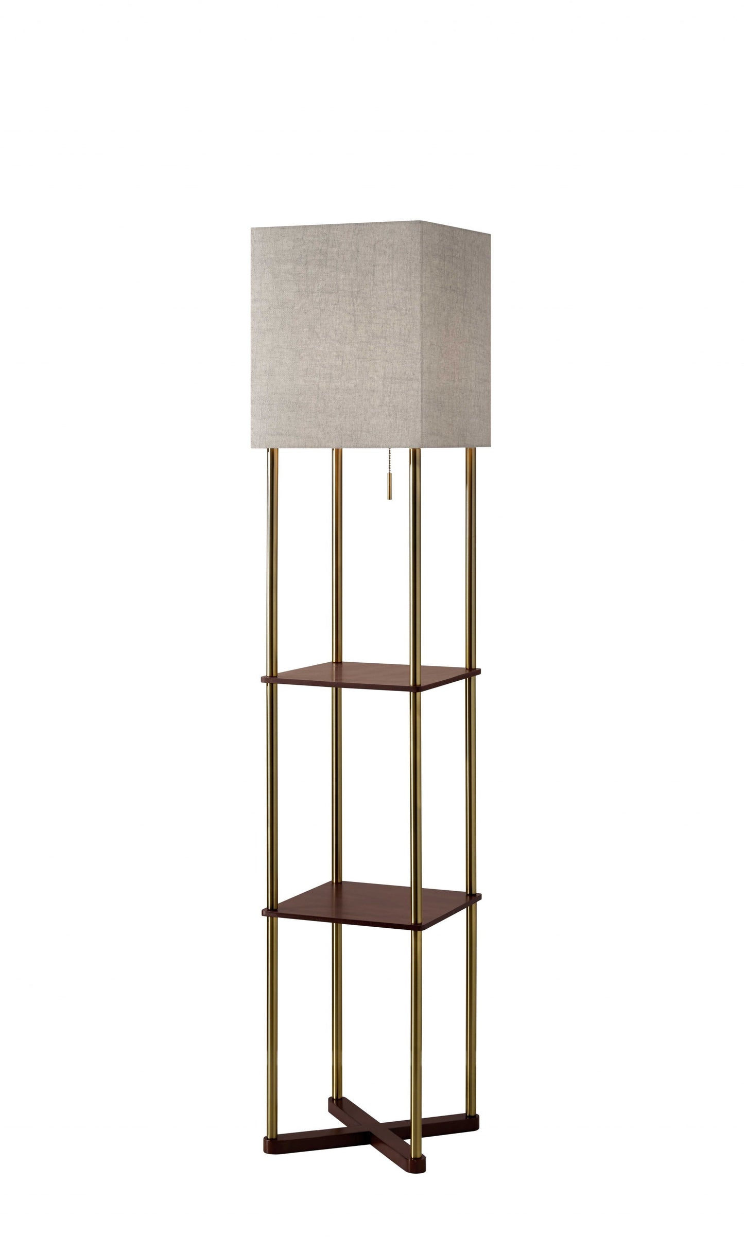 Close-up of gray square lampshade on column floor lamp showing unique geometric design and neutral color perfect for modern decor