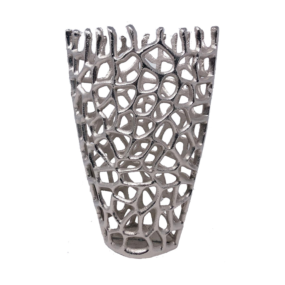 16 inch silver aluminum twigs novelty vase with distressed metal finish, modern sculptural table decor with branch design