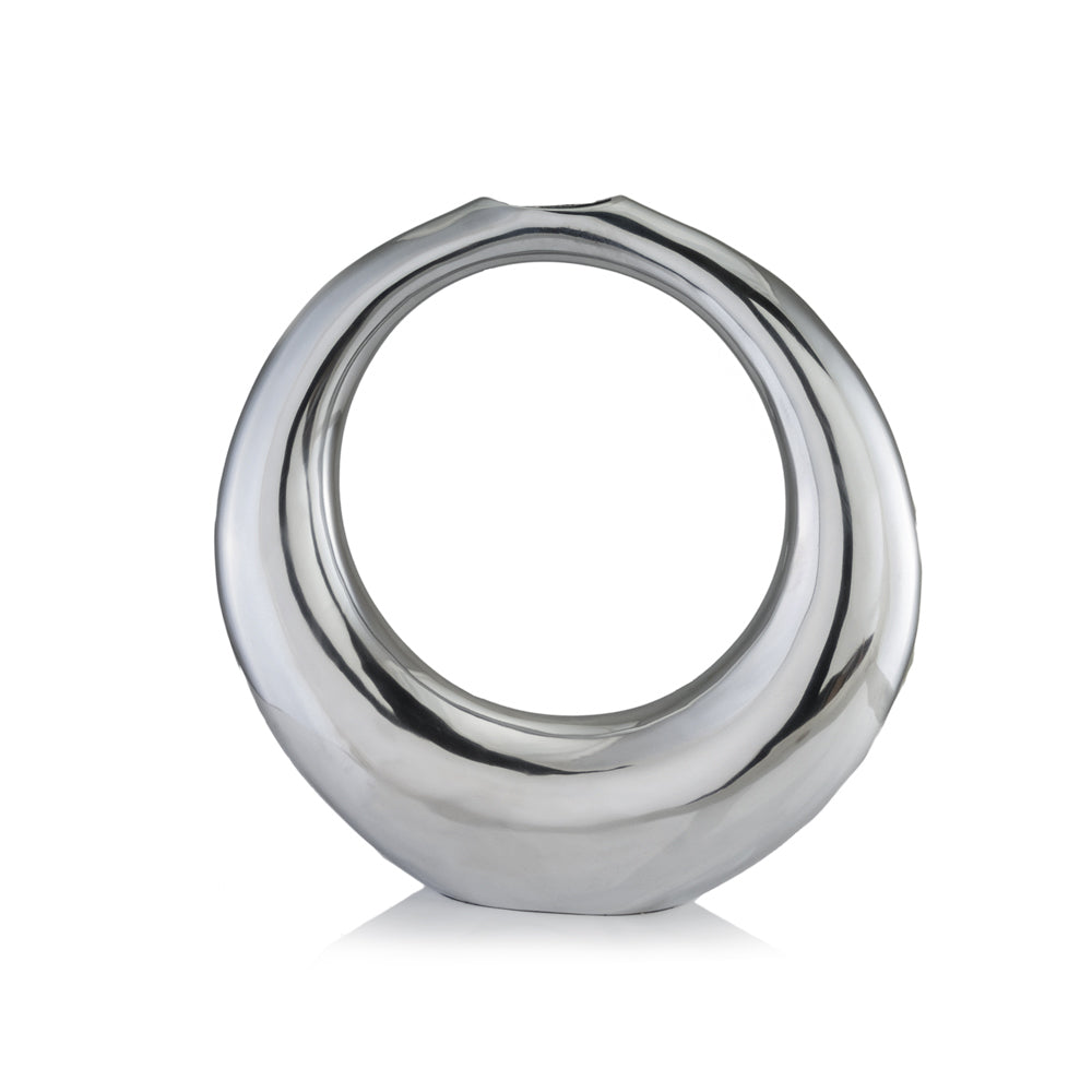 Silver aluminum hoop vase showing contemporary ring design and sleek metallic finish, 17 inch modern art decor