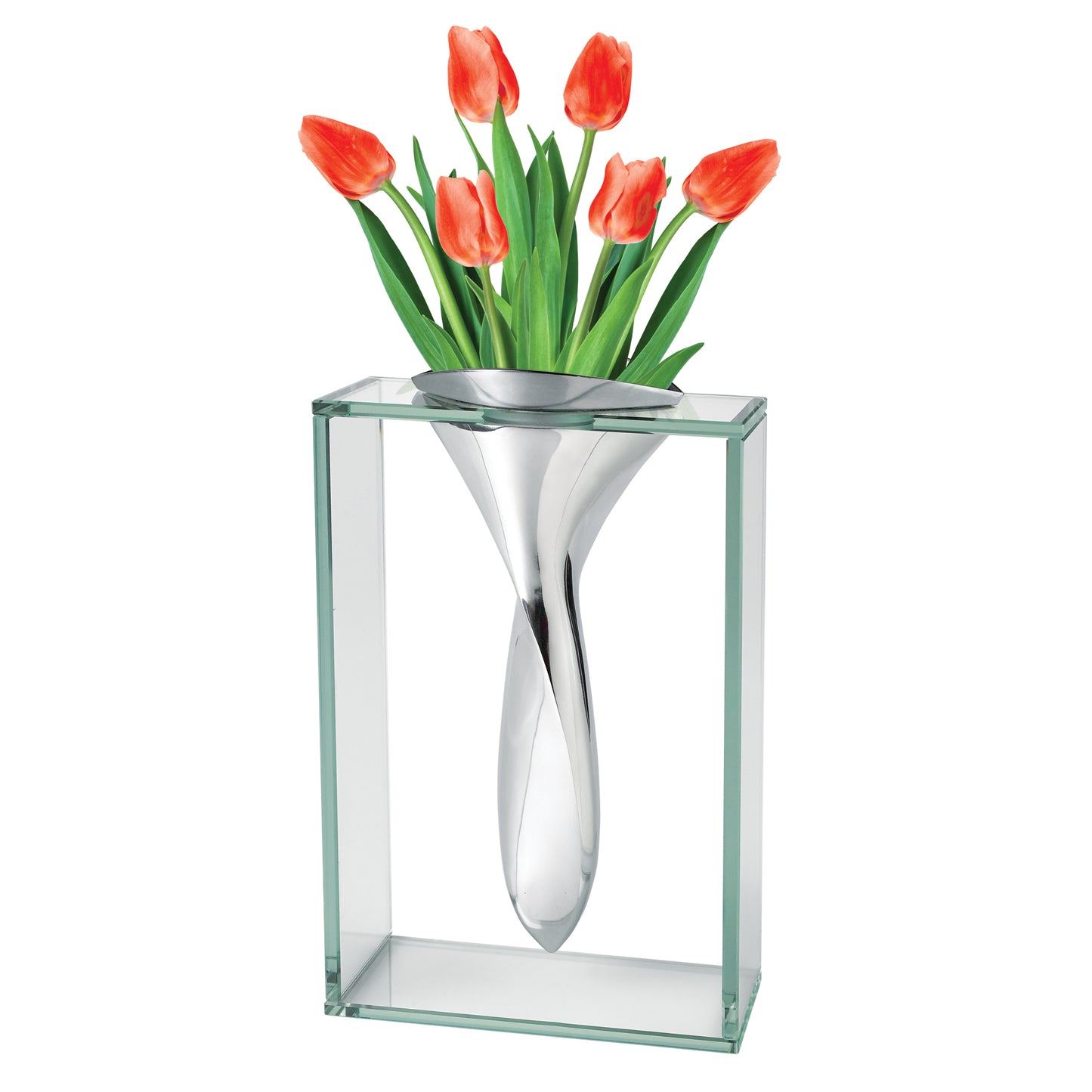 Crystal aluminum vase 14 inch close-up showing artisan mouth blown glass and contemporary non-tarnish metal design