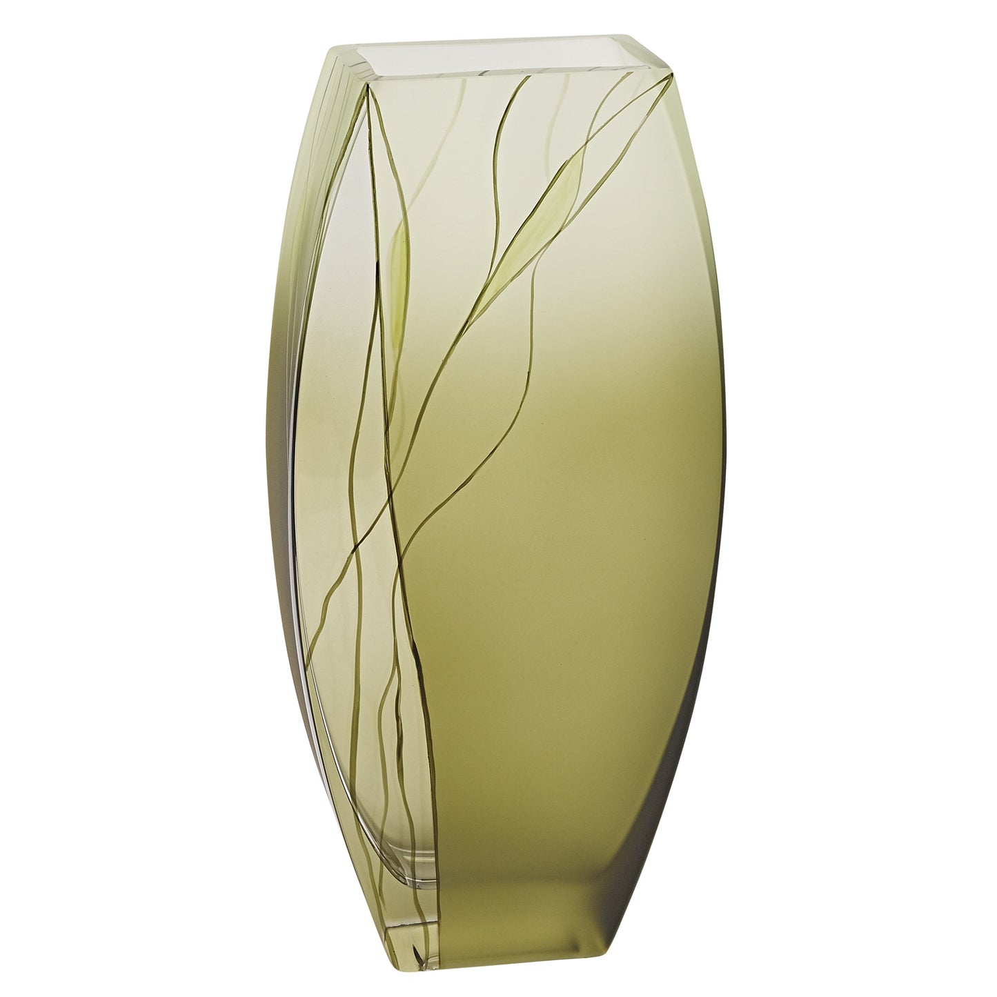 12 inch mouth blown European made green glass hand decorated vase artisan crafted with vibrant color