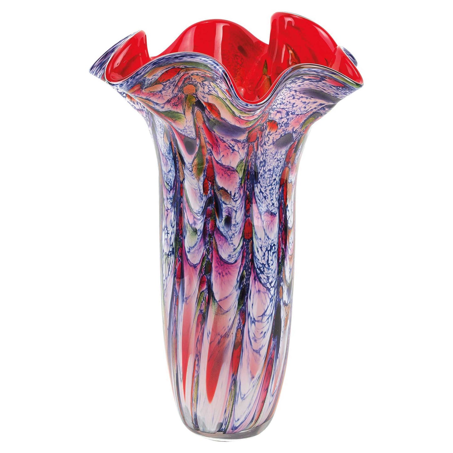 Close-up of multicolor art glass napkin vase showing unique handblown technique and jewel-tone color patterns