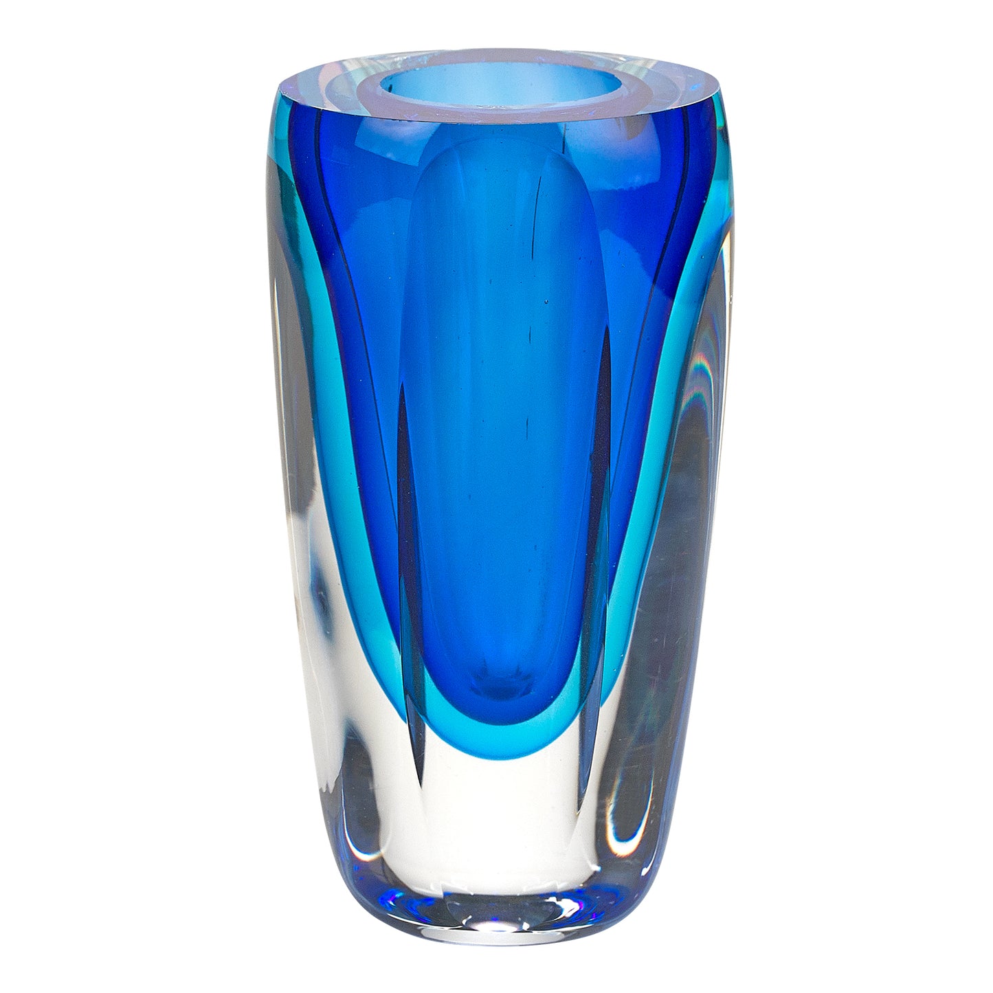 Blue art glass vase close-up showing mouth blown craftsmanship and layered crystal construction, each piece one-of-a-kind