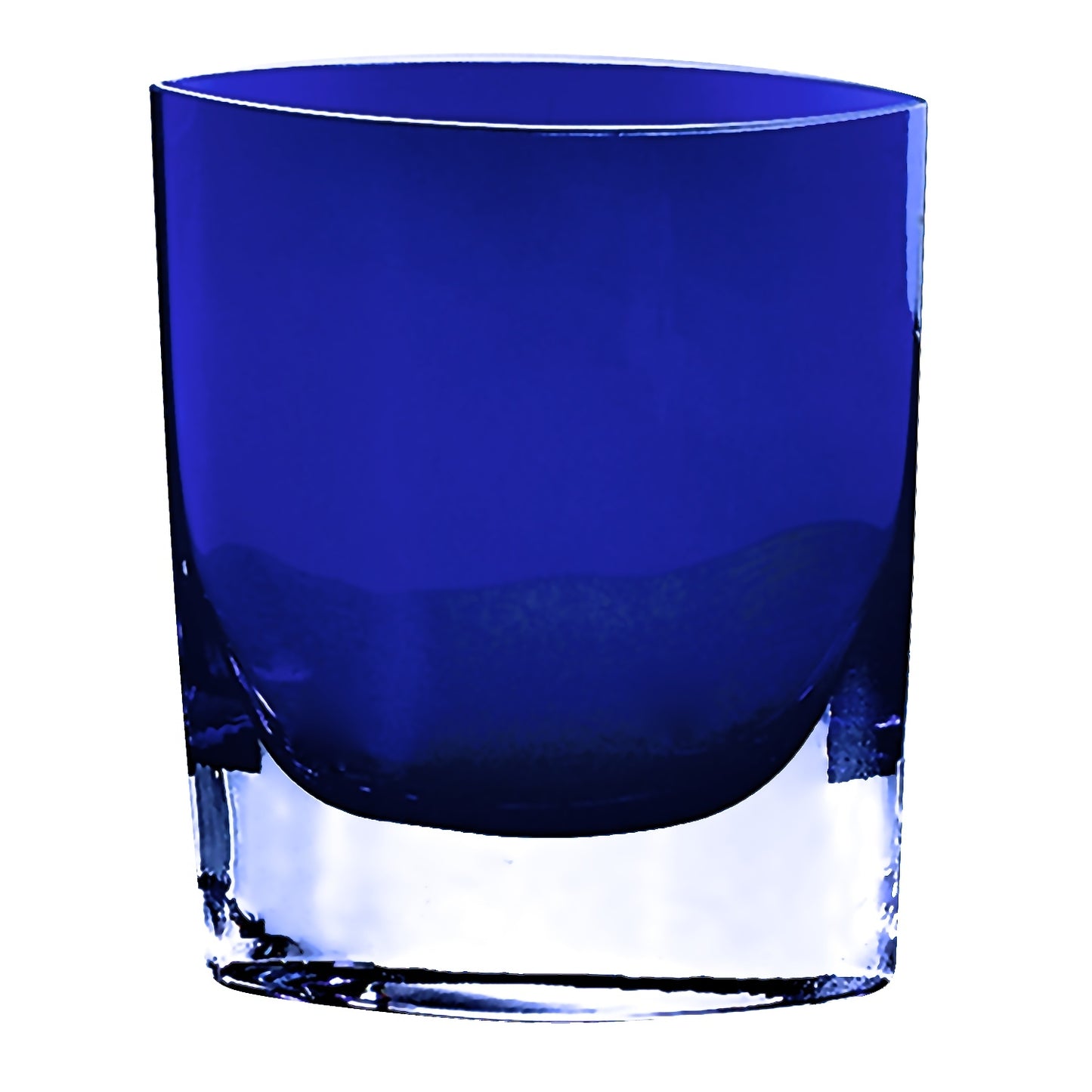 Close-up detail of premium cobalt blue crystal glass vase showing depth of color and quality of European mouth blown craftsmanship with signature authentication on bottom