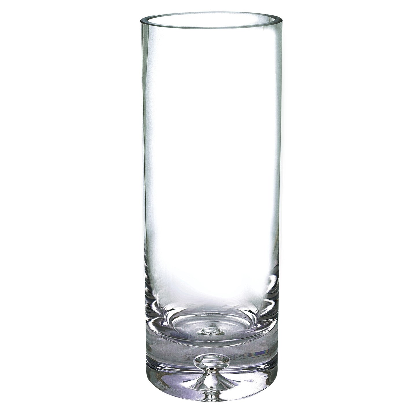 Close-up of premium clear crystal cylinder vase showing exceptional clarity and brilliance, handcrafted mouth blown glass for elegant floral displays