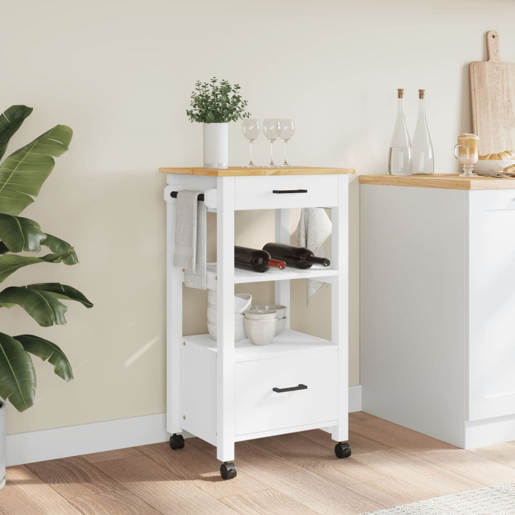 Side view showing drawers and slatted shelf storage on rolling cart