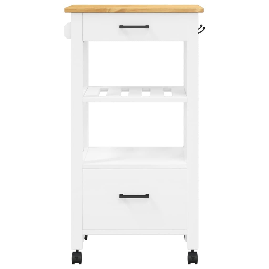 Open drawers displaying interior storage space of pine wood trolley
