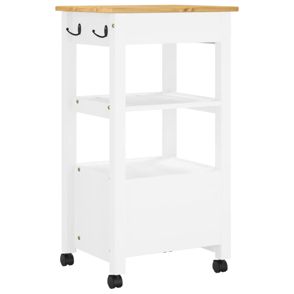 Detail shot of wooden hanger and metal hooks on kitchen cart