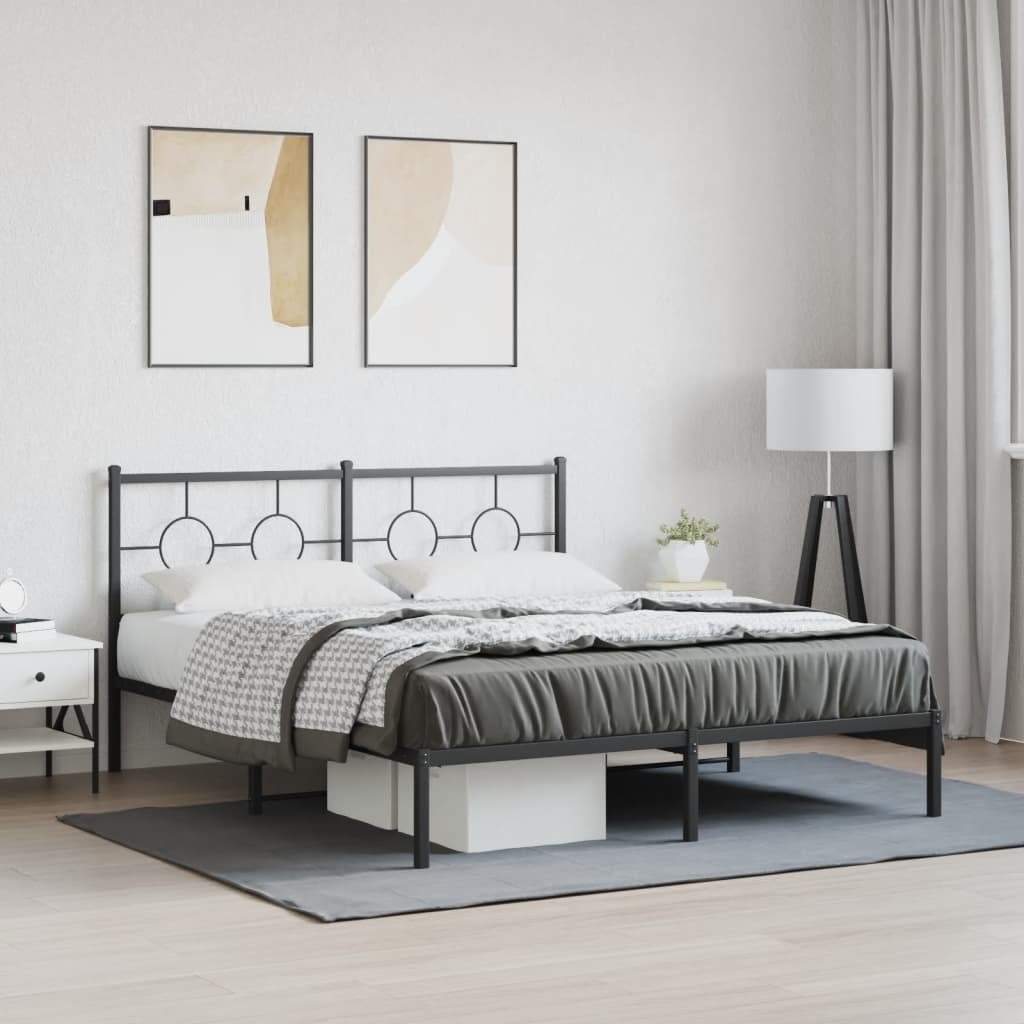 Close-up of industrial black steel headboard showing modern geometric design