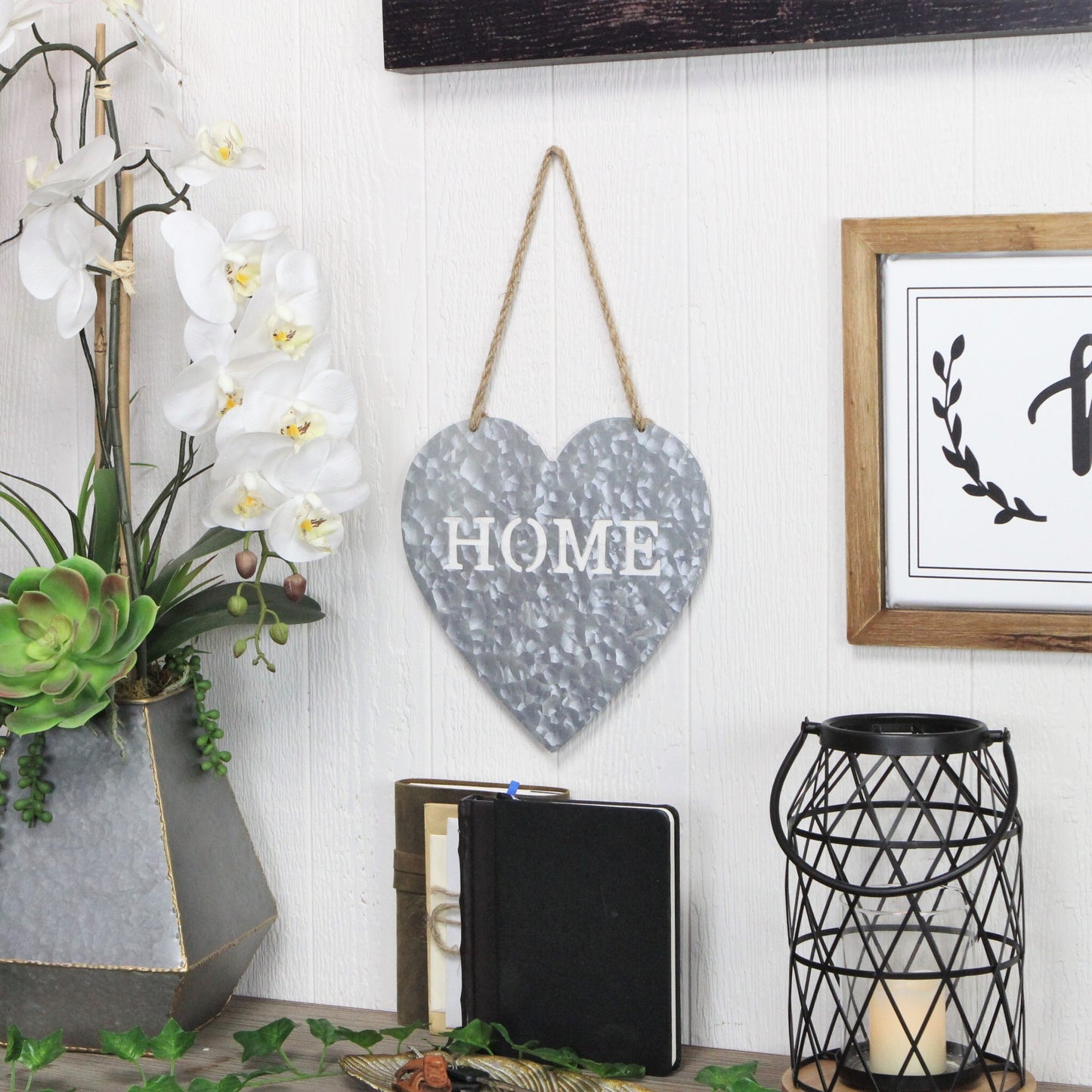 Galvanized metal HOME sign full product view, 9.5x9.5 inch farmhouse wall art with rope for kitchen living room entryway