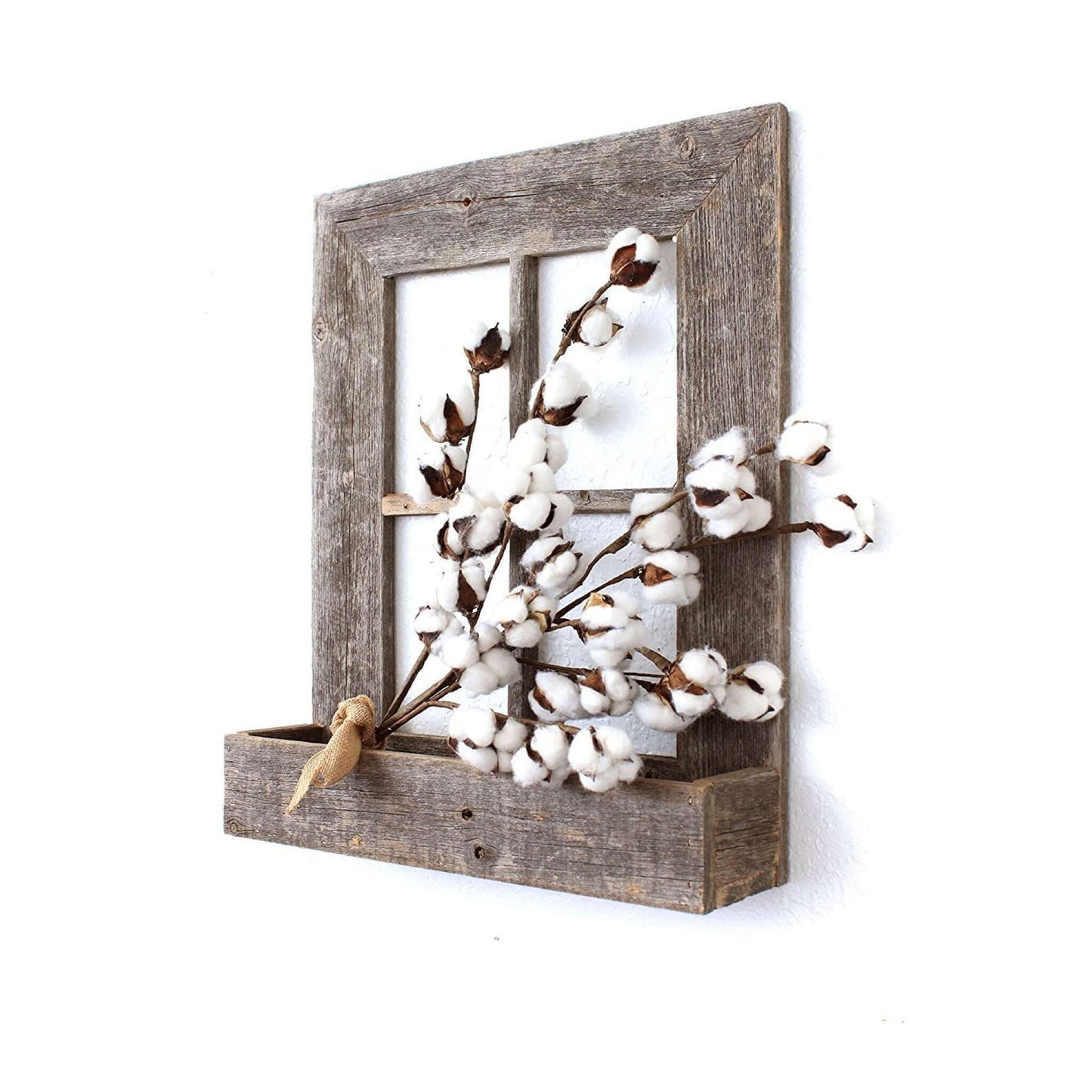 Full view of weathered gray vintage window frame planter, statement piece for farmhouse cottage and rustic home decor