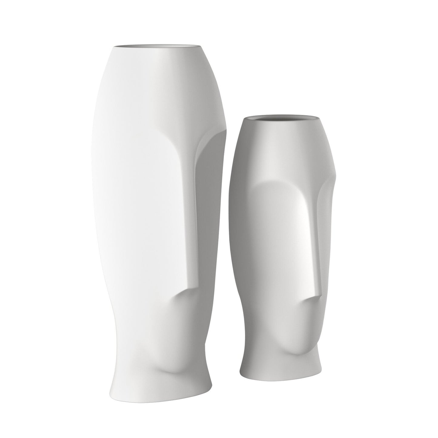 Pair of modern white ceramic vases with abstract face design perfect for contemporary interiors