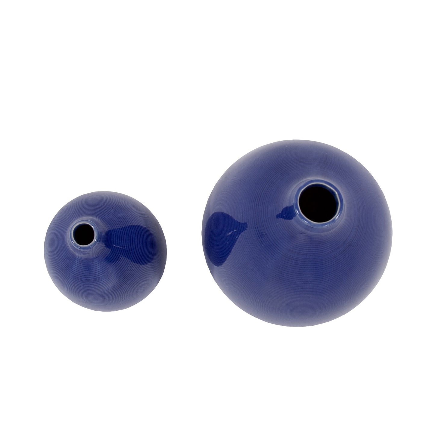 Large and small deep blue ceramic vases set showing size comparison perfect for coordinated home decor