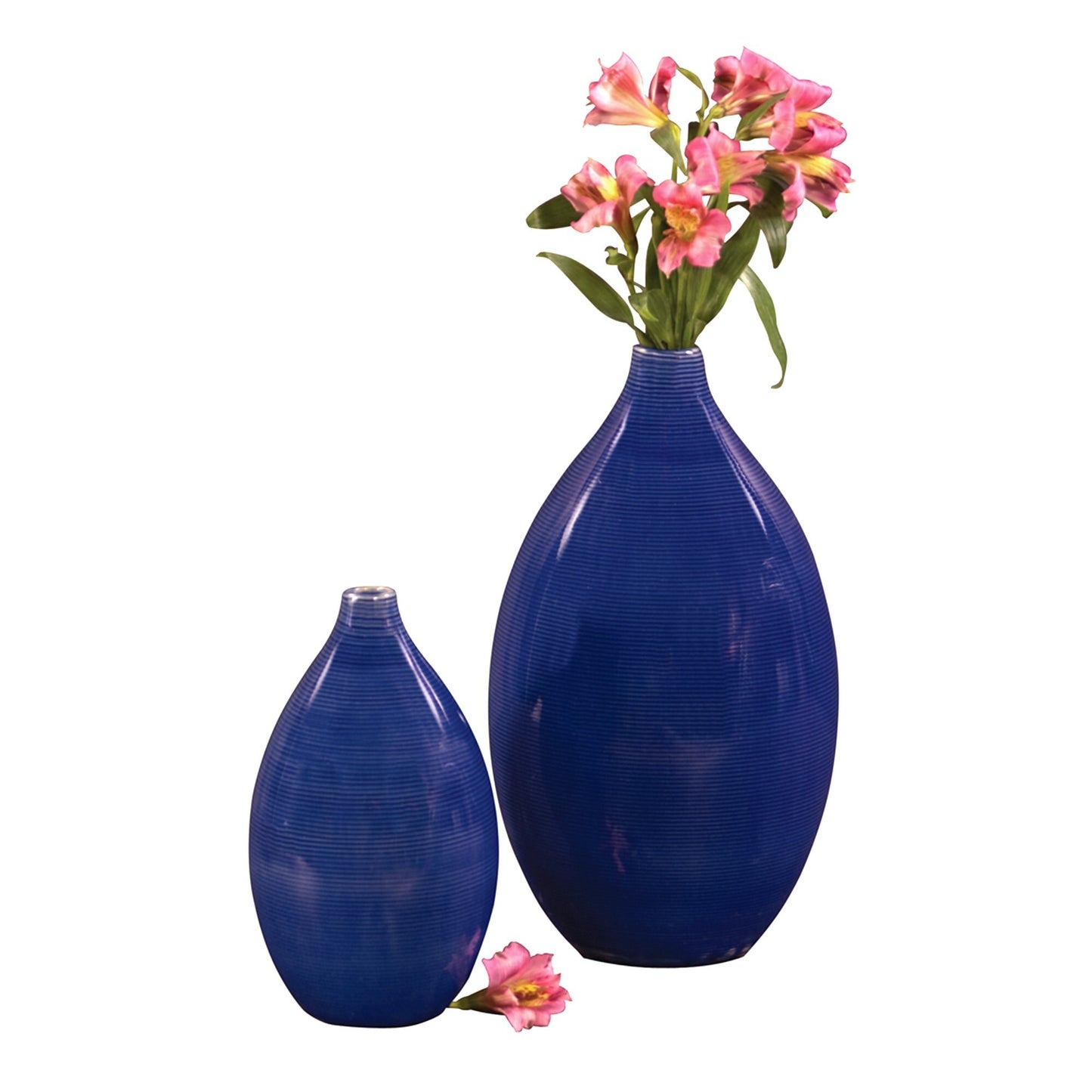 Set of 2 deep indigo blue ceramic bulb vases full product view, bold cobalt glaze statement pieces for modern home