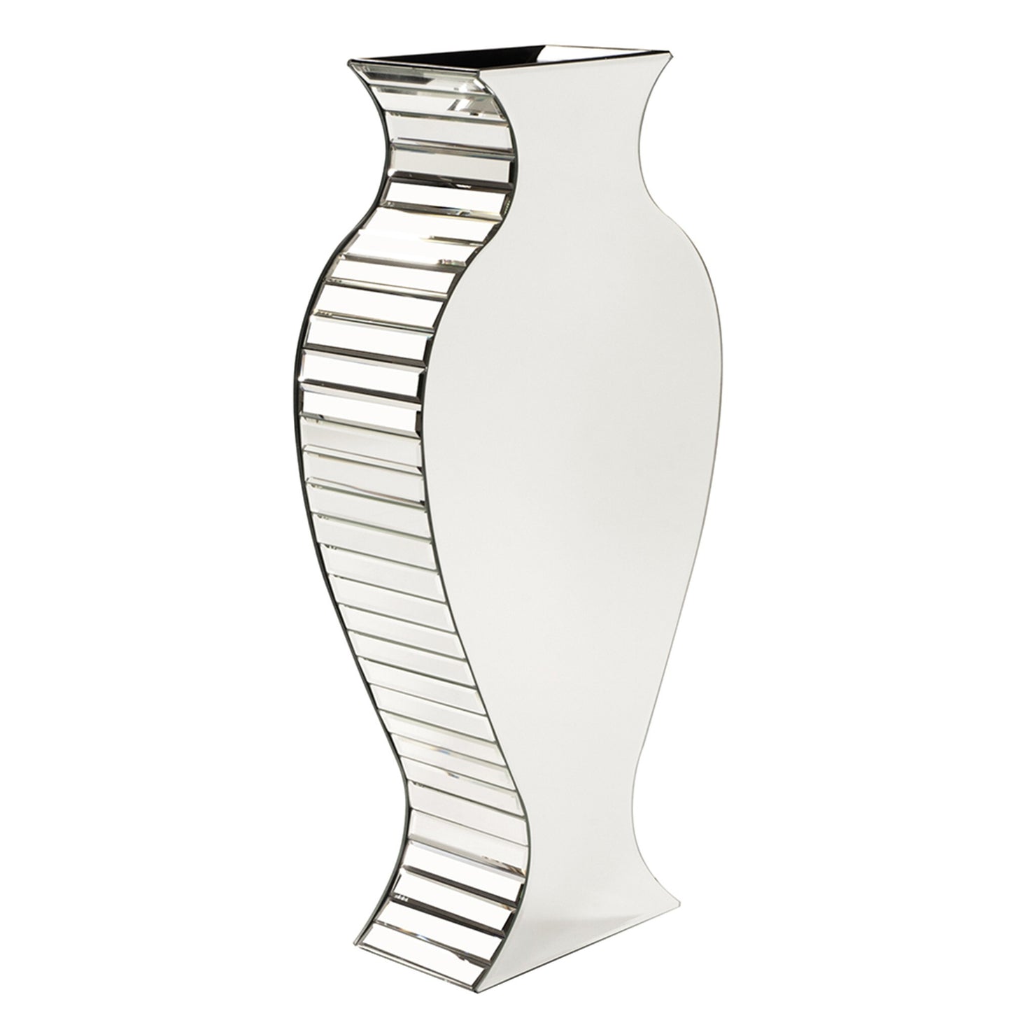 Side view of mirrored Art Deco vase showing small panel details and curved silhouette, luxury crystal glass centerpiece