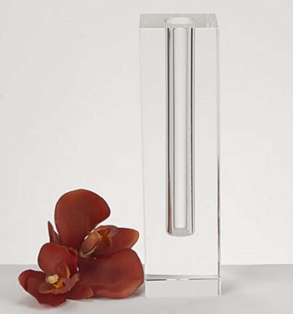Modern clear crystal vase with stark geometric shape perfect for single stem flower displays