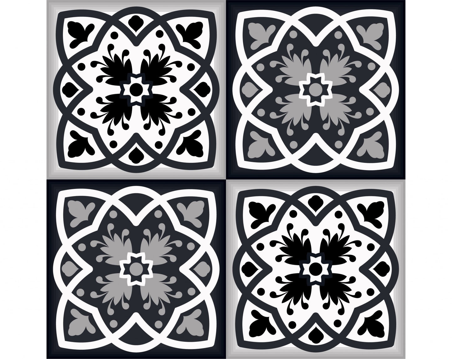 Close-up view of black white gray vinyl tiles showing detailed geometric pattern and contrasting colors