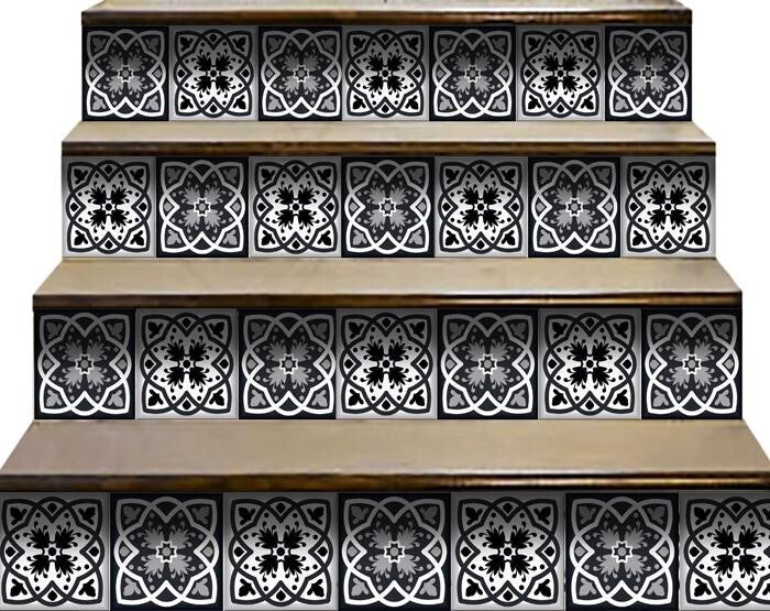 Black white gray peel and stick tiles arranged in grid pattern showing installation layout