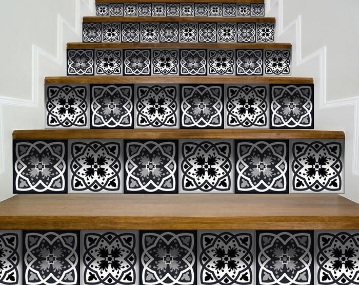 Black white gray tiles product packaging showing 24 stickers kit contents and dimensions