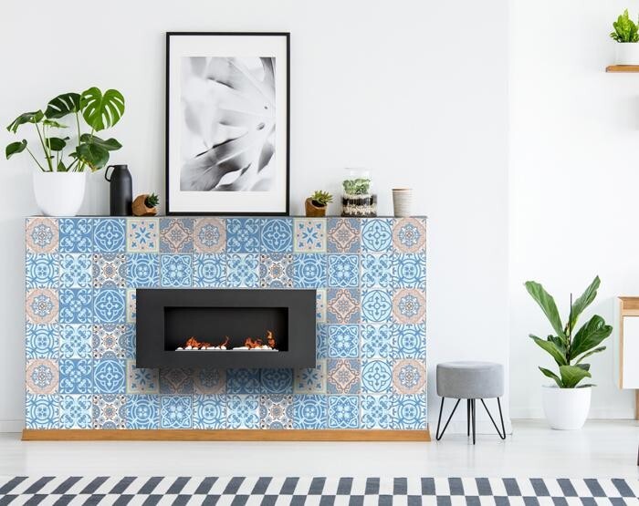 Kitchen stairs decorated with ocean blue 4x4 mosaic removable tiles creating elegant design