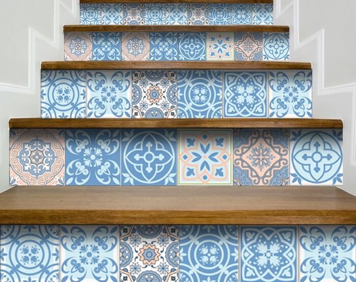 Ocean blue mosaic tiles product packaging showing 24 stickers kit contents and dimensions