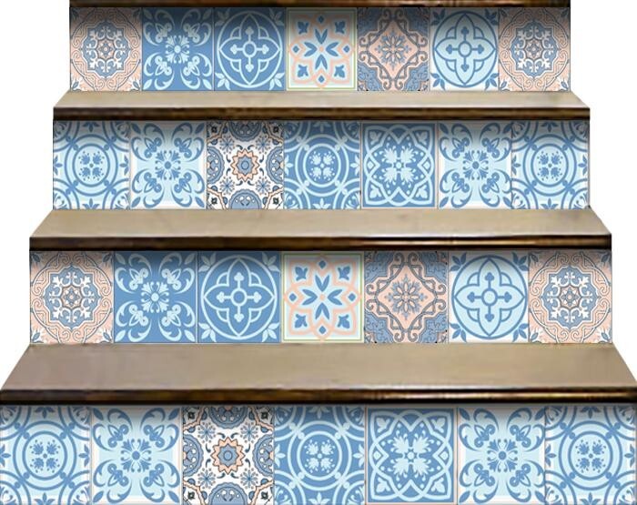 Installation demonstration of ocean blue 4x4 mosaic peel and stick tiles on clean surface