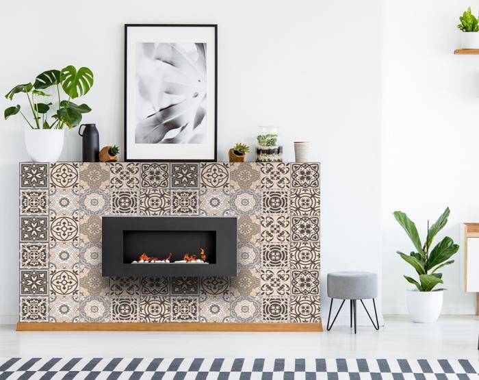 Espresso brown mosaic peel and stick tiles arranged in grid pattern showing installation layout