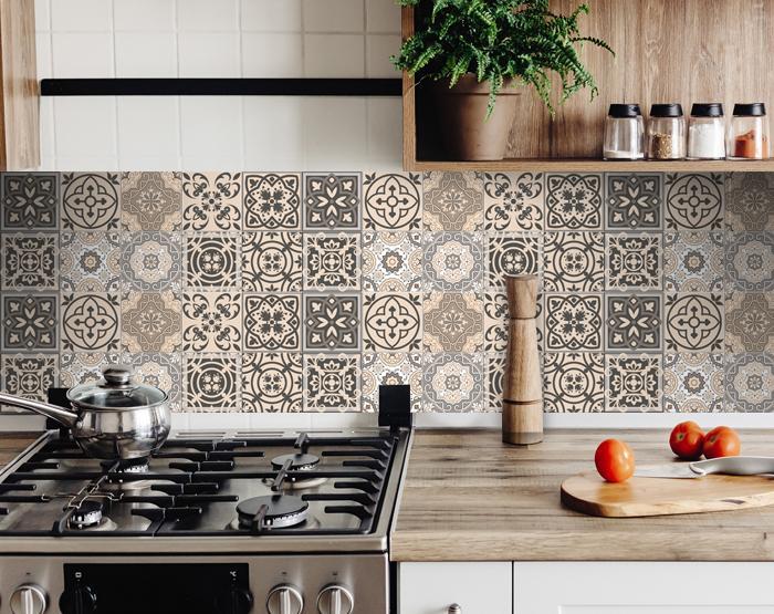 Bathroom accent wall featuring espresso brown mosaic peel and stick tiles as decorative element