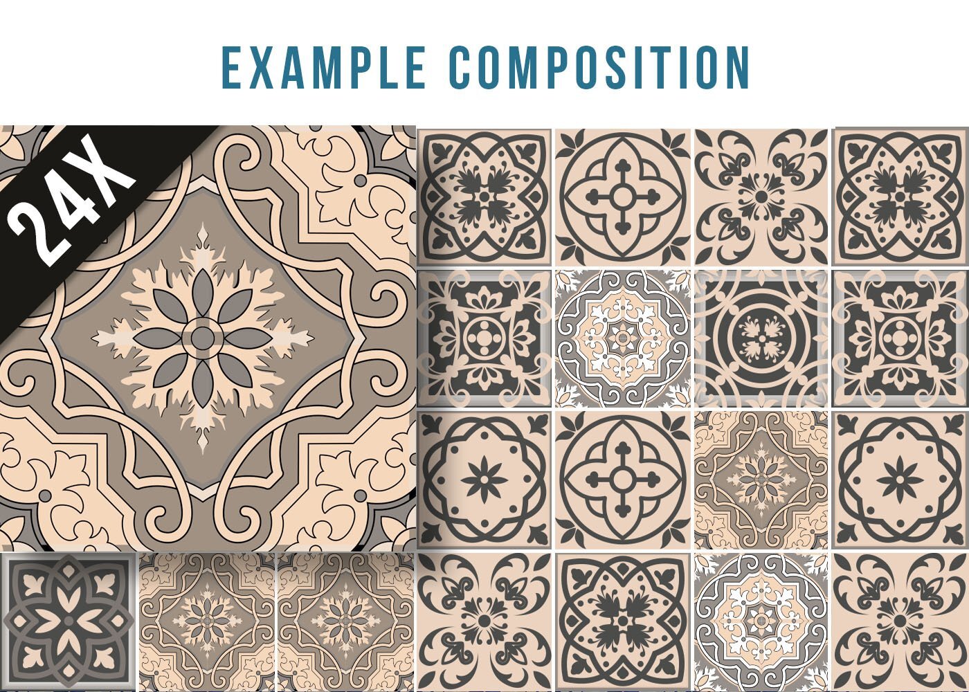 Espresso brown mosaic tiles product packaging showing 24 stickers kit contents and dimensions