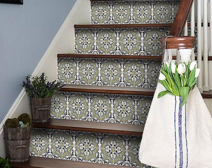 Vintage sage medallion peel and stick tiles arranged in grid pattern showing installation layout