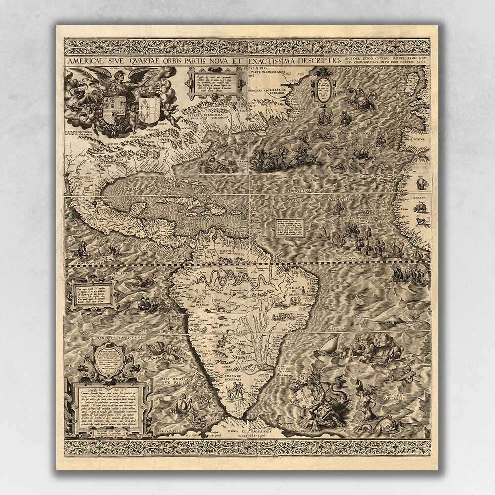 Antique reproduction map showing Americas from 1598, vintage paper print perfect for framing and wall display