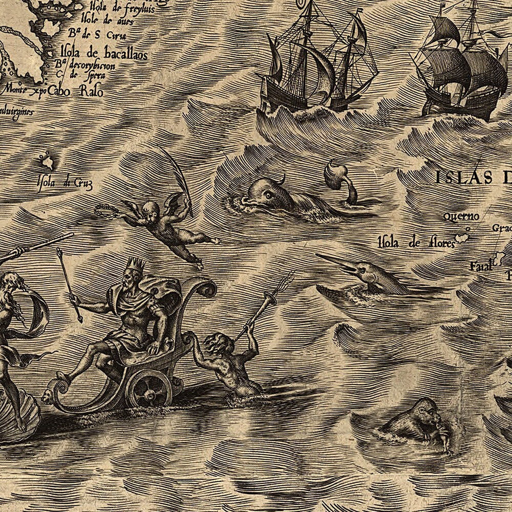 Historical 16th century Americas map print close-up showing authentic vintage cartography details and aged appearance
