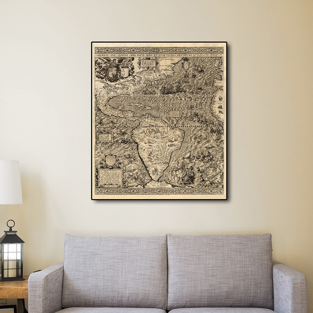 1598 Americas map vintage print full view, educational historical wall art for library study or living room decoration