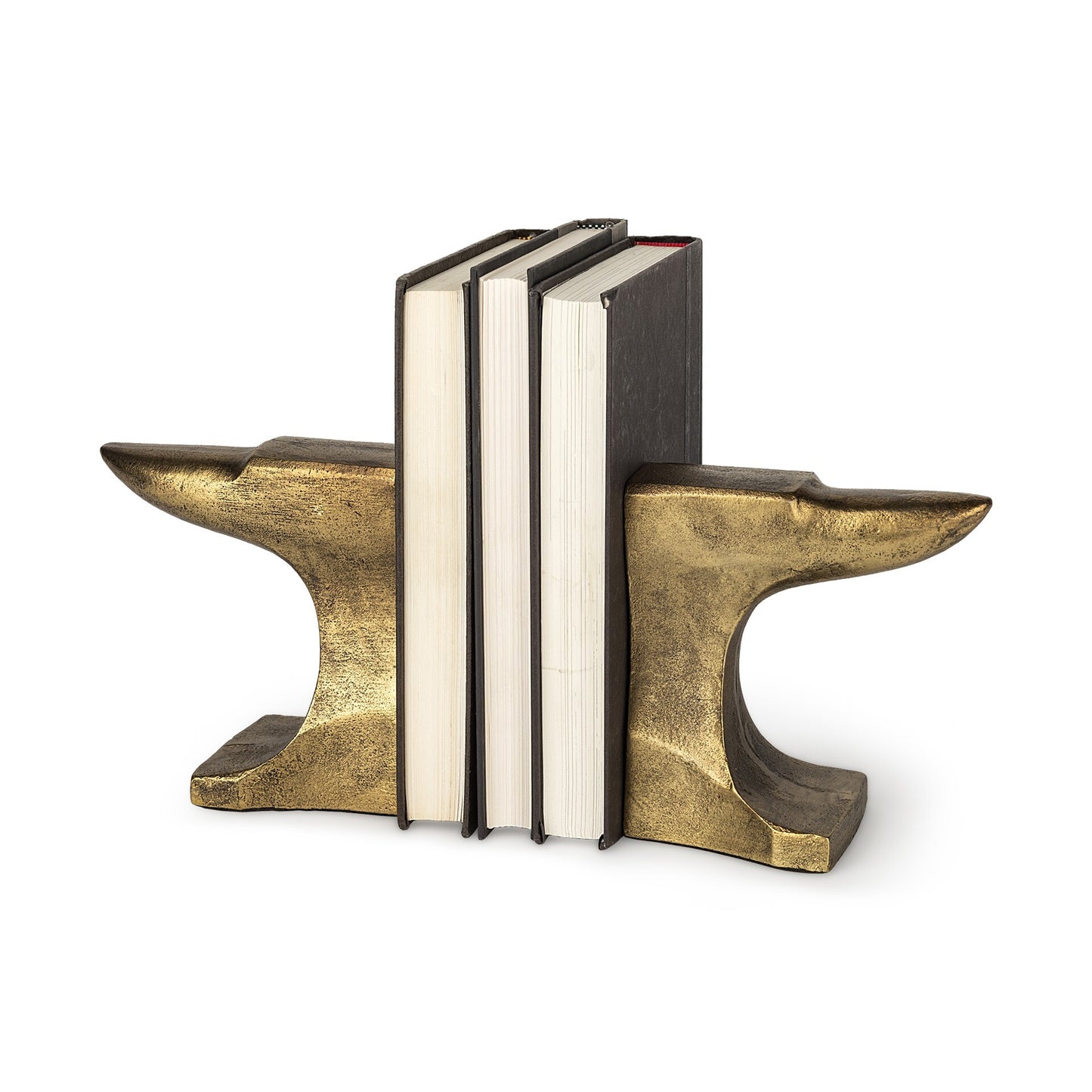 Close-up of distressed gold finish on anvil bookends showing authentic weathered patina and premium cast aluminum construction
