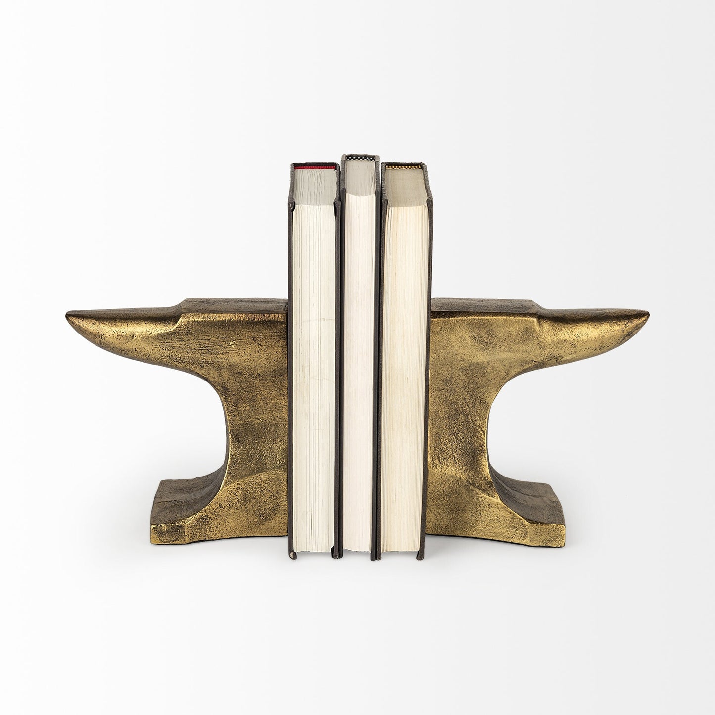 Side view of industrial anvil bookends with brushed gold finish, heavy-duty design for holding books securely