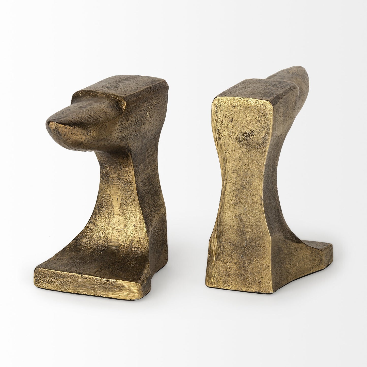 Split anvil bookend design showing unique halves that create cohesive look when books are placed between them