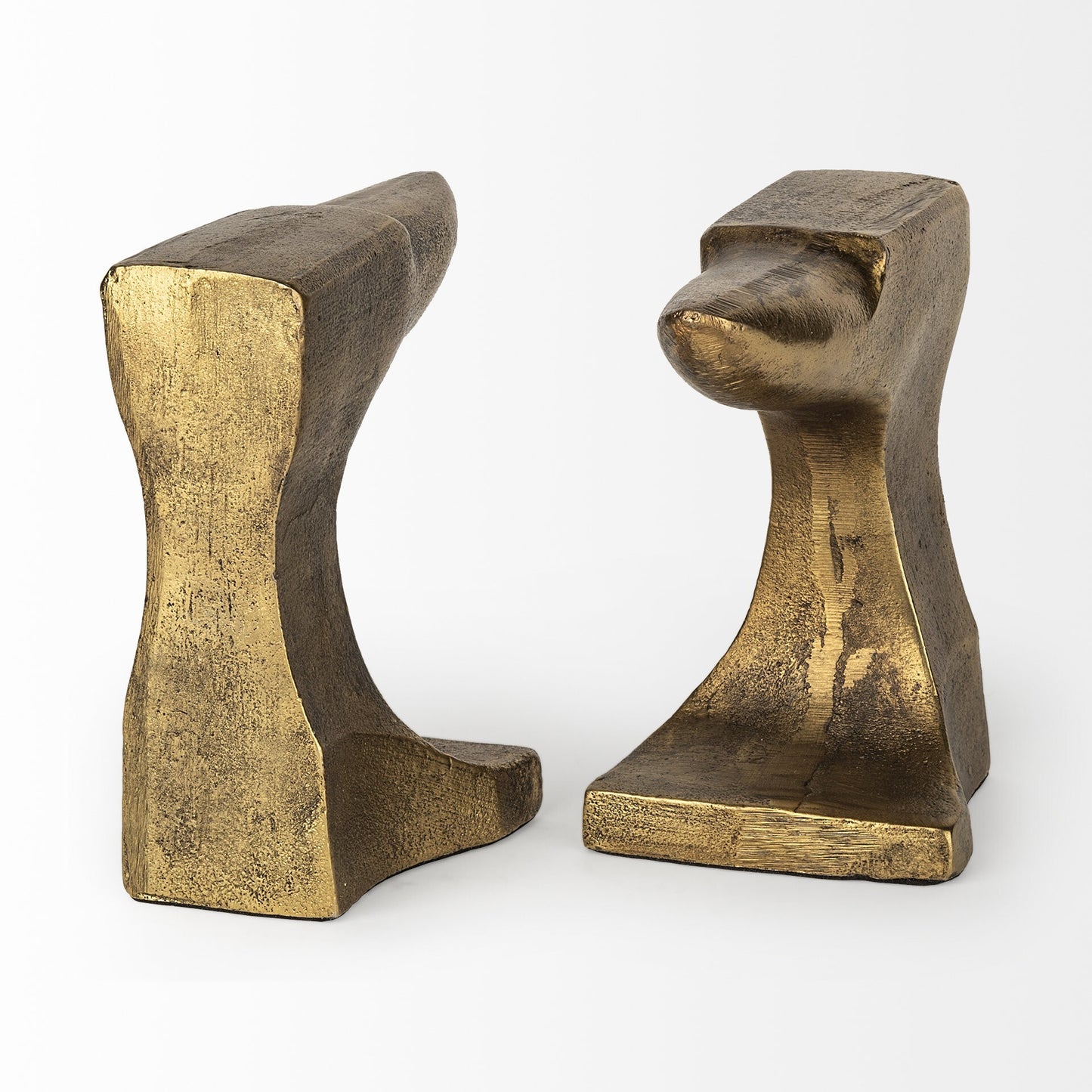 Gold anvil bookends detail showing industrial cast aluminum craftsmanship and distressed metallic finish for rustic appeal