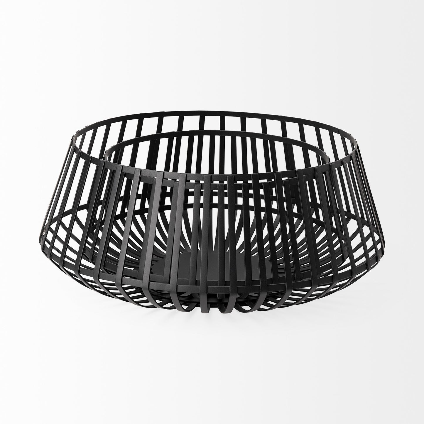 Two black metal wire bowls - top view showing open construction perfect for fruit display or decorative accents