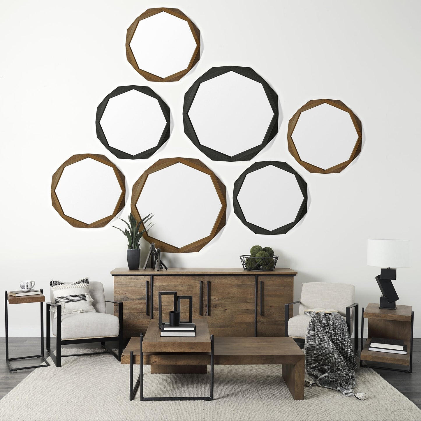 Elegant black metal geometric bowl full view, bold modern centerpiece for dining and coffee tables